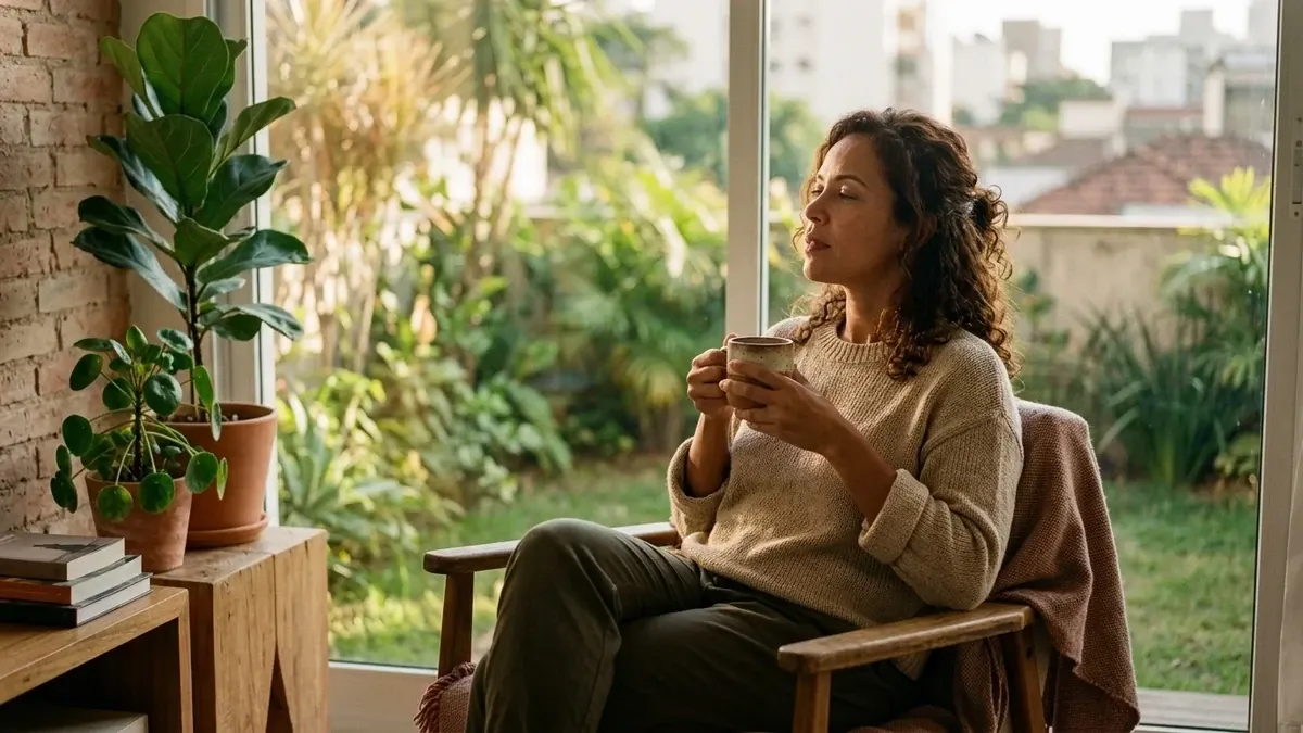 Mulher brasileira em momento de pausa e autocuidado contemplativo junto à janela, simbolizando o alívio da sobrecarga invisível e superação do burnout feminino - Psicóloga Eliza Chagas.